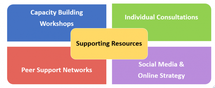 Project deliverables: Capacity Building Workshops, Individual Consultations, Peer support networks, Social Media strategy, Supporting resources